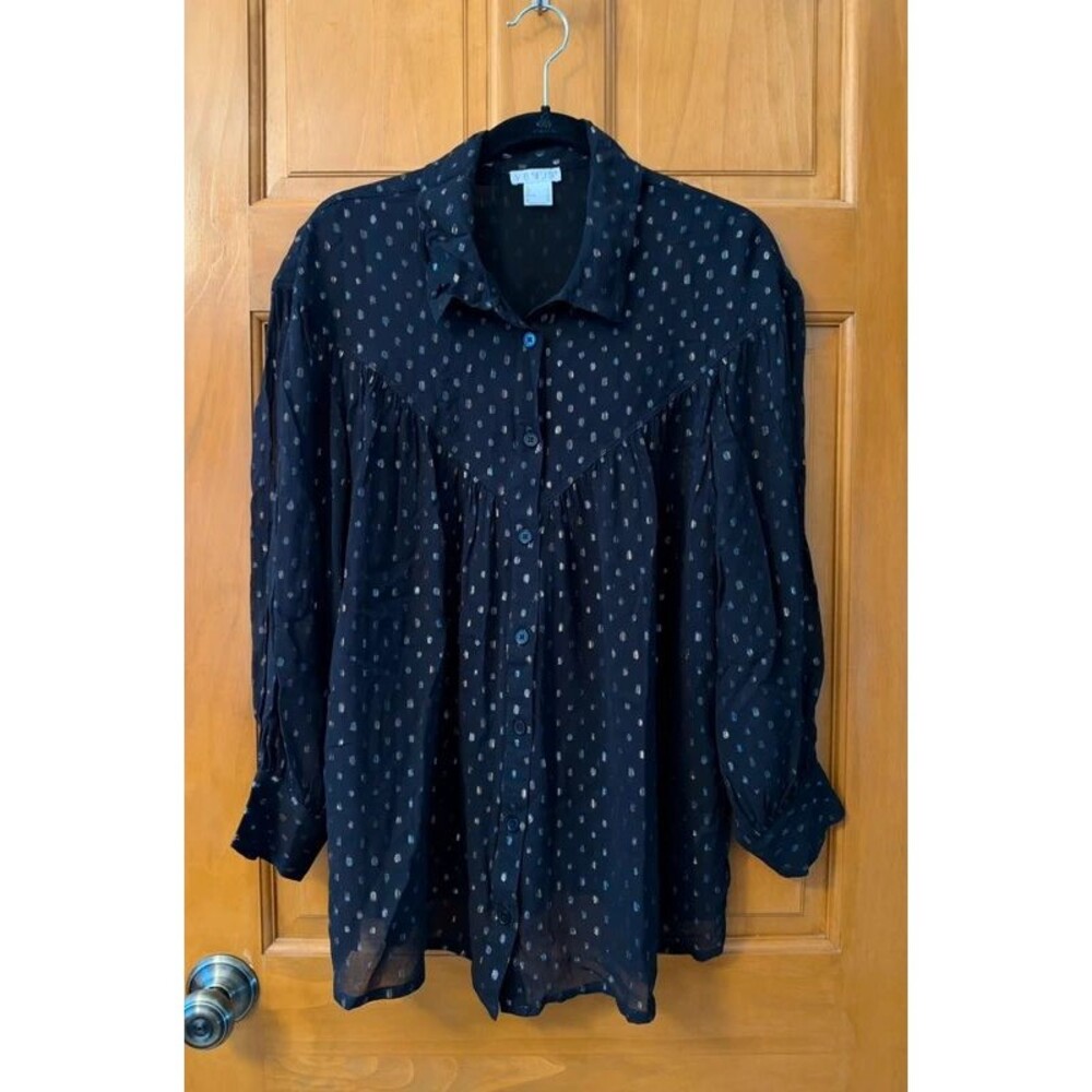 Black Sheer Button Down Top w/ Metallic Dots